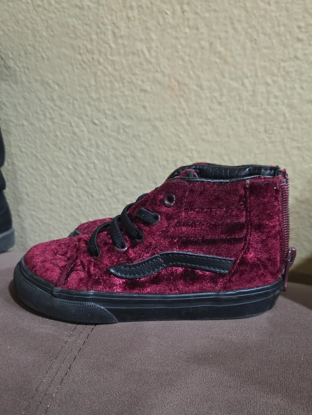 Vans Kids Burgundy Velvet High-Top Sneaker with Black Accents
